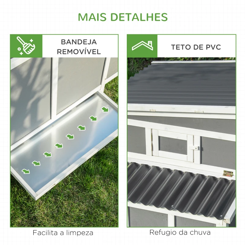 PawHut Galinheiro de Madeira para Exterior 225x147x85,5cm Gaiola para 6-8 Galinhas com Cerca de Metal Teto e Janela Rebatível 2 Ninhos Bandeja Removível e Rampa Cinza e Branco