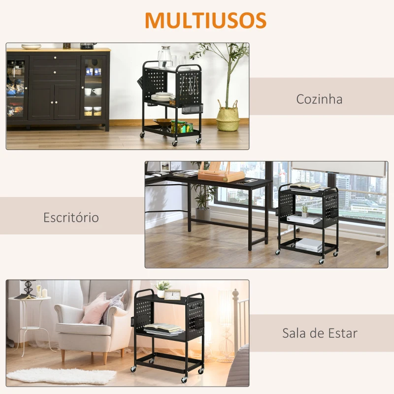 HOMCOM Carrinho de Cozinha com Rodas Carrinho de Armazenamento de 3 Níveis com 5 Ganchos 2 Cestas Alça de Transporte e Rodas com Freio para Casa de Banho Escritório Dormitório 70x33,4x80,5cm Preto