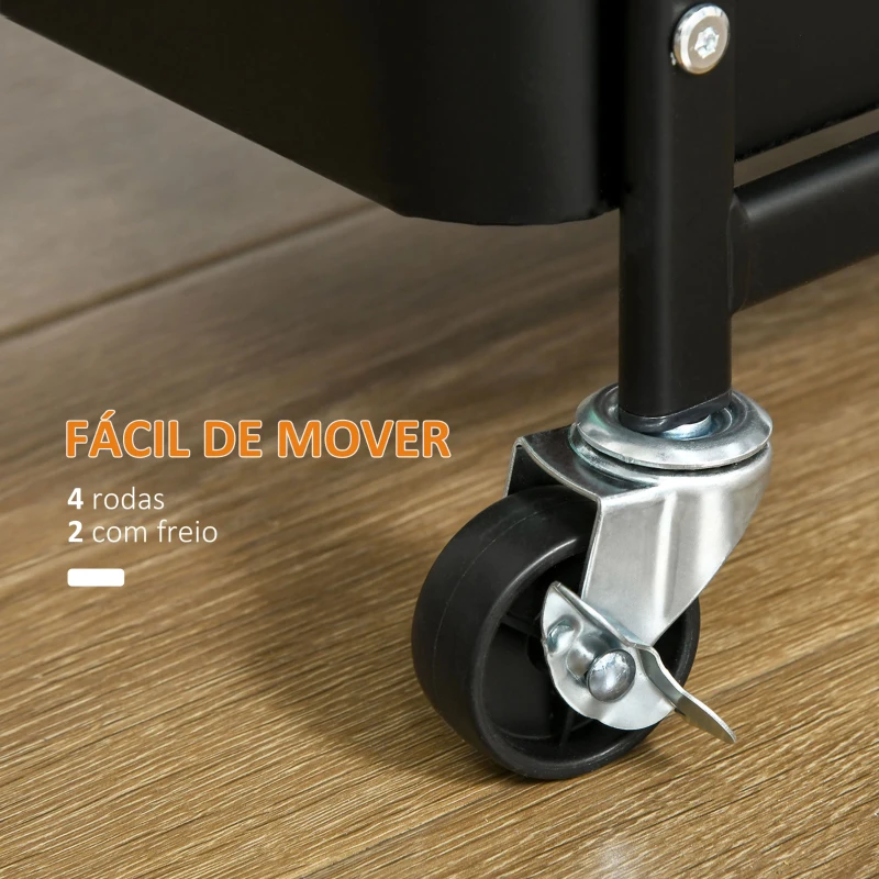 HOMCOM Carrinho de Cozinha com Rodas Carrinho de Armazenamento de 3 Níveis com 4 Ganchos 2 Cestas Alça de Transporte e Rodas com Freio para Casa de Banho Escritório Dormitório 51,5x32x75,6cm Preto