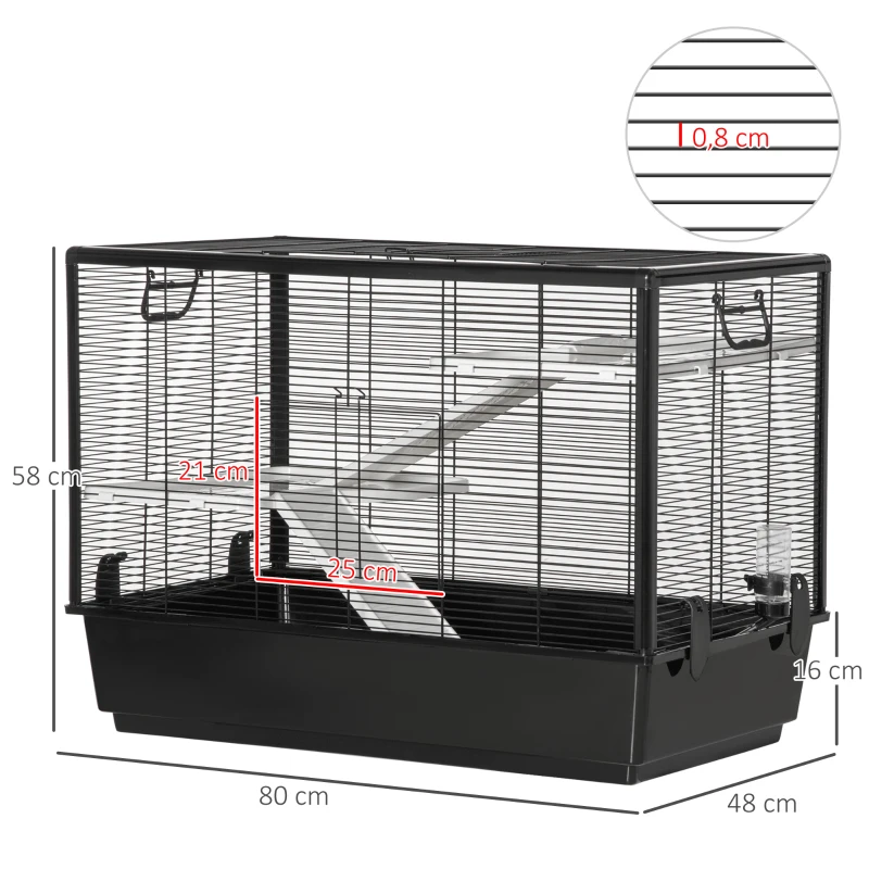 PawHut Gaiola Pequena para Roedores 80x48x58cm Gaiola para Hamster com 2 Portas 2 Rampas 2 Plataformas Comedouro e 2 Alças Portátil Preto