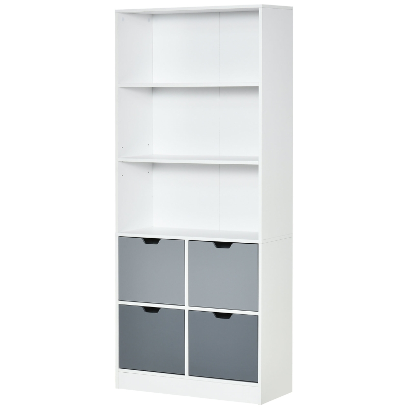 HOMCOM Estante de Livros com 4 Gavetas 3 Prateleiras de Armazenamento e Prateleira Ajustável Móvel Organizador para Escritório Sala de Estar Estúdio 76x30x173cm Branco e Cinza
