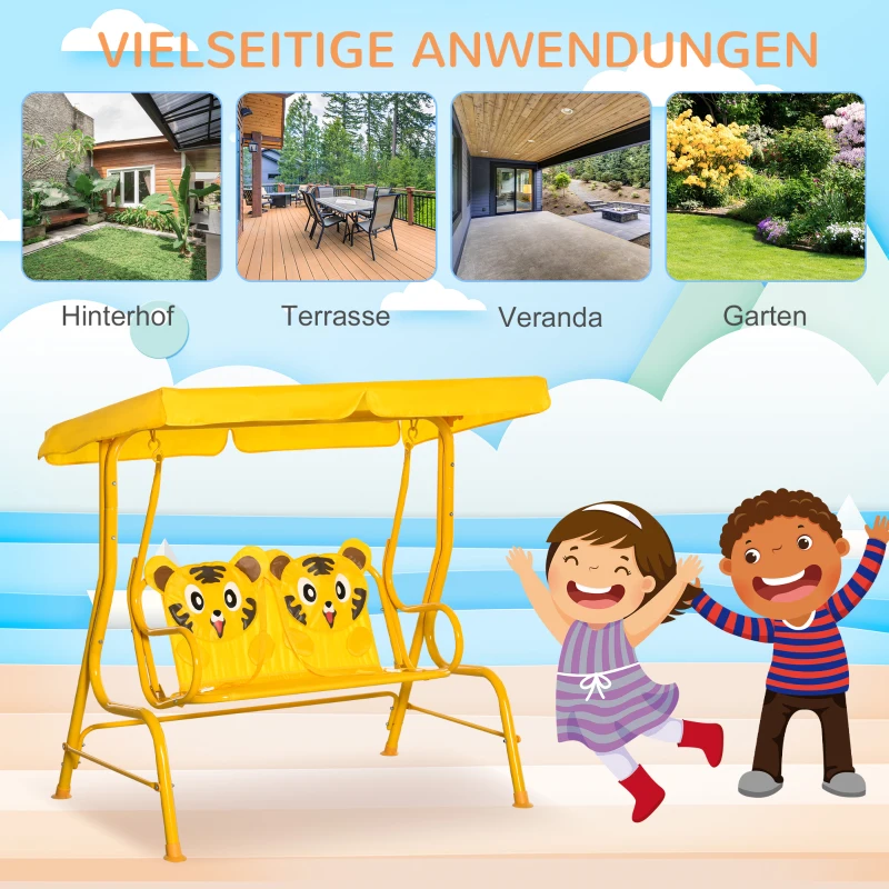 Outsunny kinderschommelstoel met dak voor 3-6 jaar geel 110 x 74 x 113 cm