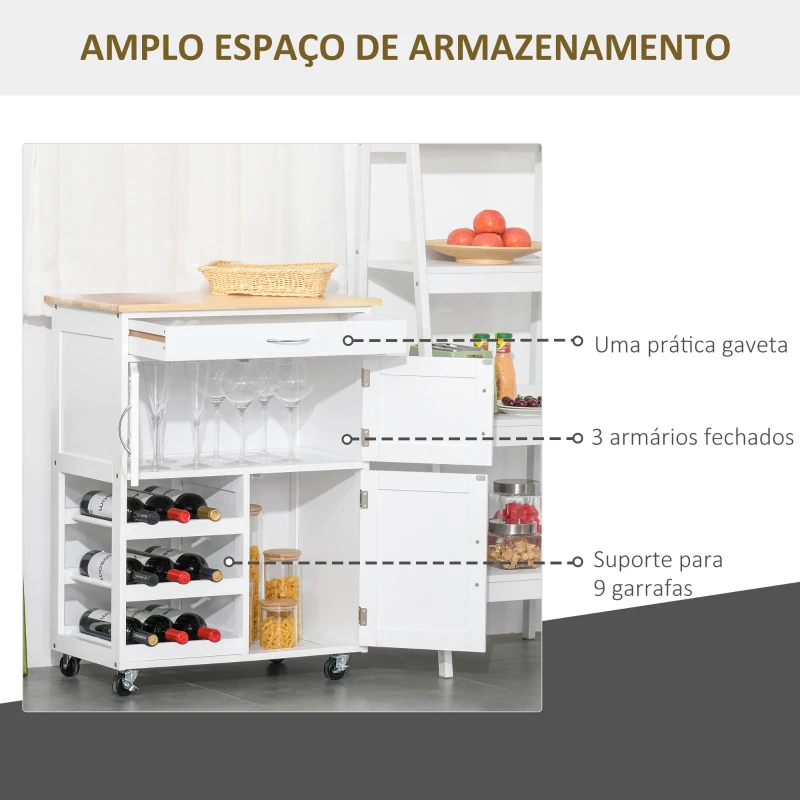 HOMCOM Carrinho de Cozinha com Rodas Carrinho de Cozinha com Gaveta 2 Armários de Armazenamento e 3 Prateleiras Abertas para 9 Garrafas para Sala de Jantar 67x37x87cm Branco