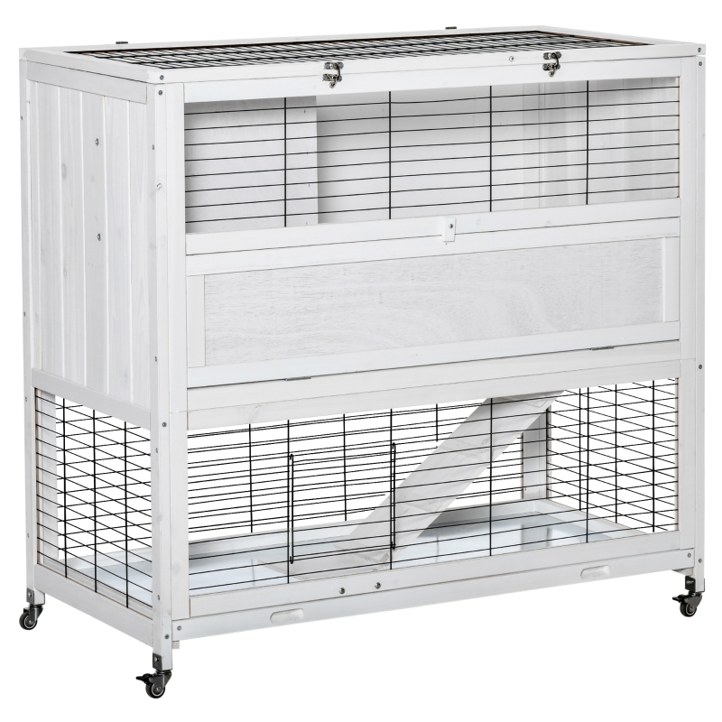 PawHut Kleintierstall mit Rollen Zwergkaninchenstall mit Freilauf Rampe Nagetierkäfig Freilaufgehege doppelstöckig für 1-2 Zwergkaninchen winterfest Tannenholz Outdoor Weiß 108 x 53 x 102 cm