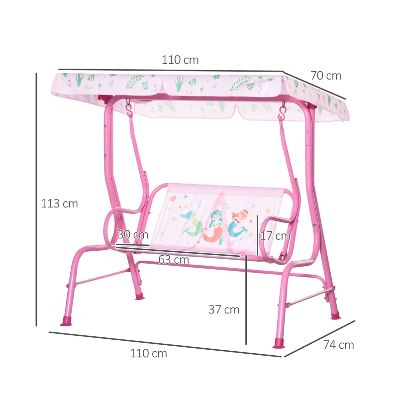 Outsunny Kinder Hollywoodschaukel 2-Sitzer Kinderschaukel mit verstellbarem Sonnendach Gartenschaukel für 3-6 Jahre Kinder Metall Rosa 110 x 74 x 113 cm