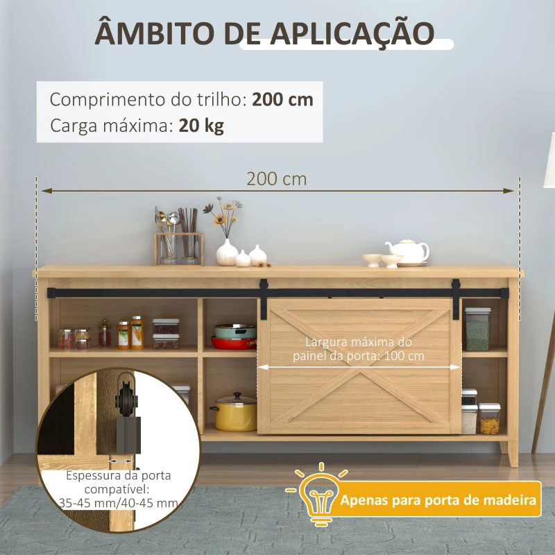 HOMCOM Ferragens para Porta Corredeira 200cm Kit de Acessórios para Porta Corredeira de Madeira com 2 Trilhos de Aço Carga Máxima 20 kg Preto