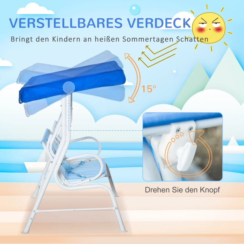 Outsunny Kinder Hollywoodschaukel 2-Sitzer Kinderschaukel mit verstellbarem Sonnendach Gartenschaukel für 3-6 Jahre Kinder Metall Blau 110 x 74 x 113 cm