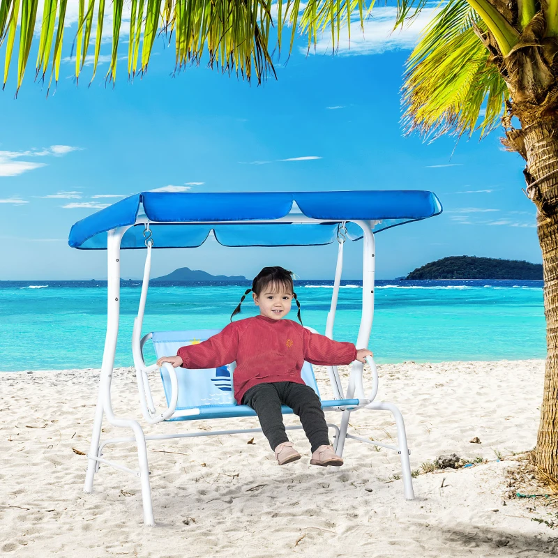 Outsunny Kinder Hollywoodschaukel 2-Sitzer Kinderschaukel mit verstellbarem Sonnendach Gartenschaukel für 3-6 Jahre Kinder Metall Blau 110 x 74 x 113 cm