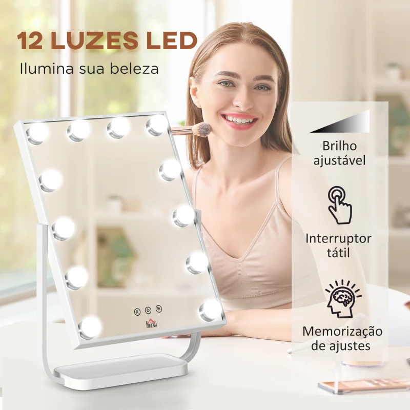 HOMCOM Espelho de Maquilhagem Espelho de Mesa com 12 Luzes LED 3 Temperaturas de Cores Ecrã Tátil Ajustável e Função de Memória para Dormitório Casa de Banho 32,8x11x47,4cm Branco