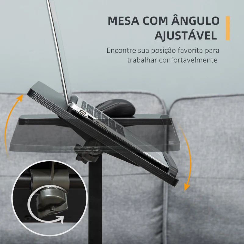 HOMCOM Mesa Auxiliar com Rodas Mesa Lateral para Sofá ou Cama com Altura e Ângulo da Bancada Ajustável e Freios para Dormitório Sala de Estar Escritório 58x34x72-90cm Preto