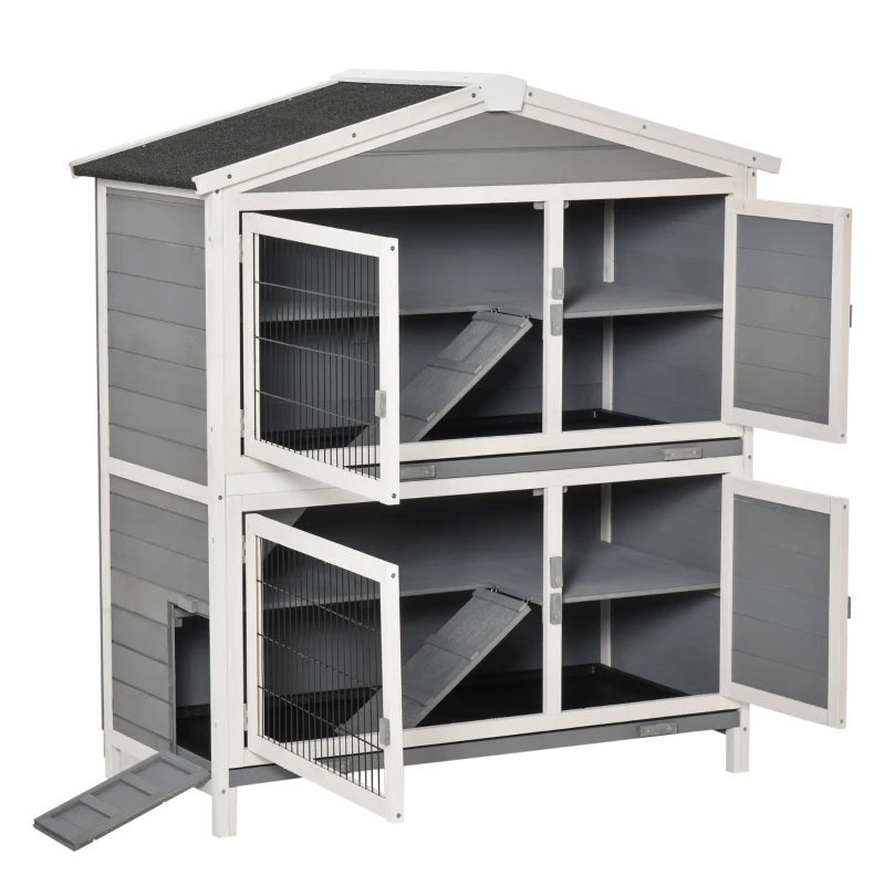 PawHut klatka dla królika dwupoziomowa klatka dla królika z rampą lite drewno kolor jasnoszary 147 x 45,5 x 88,5 cm