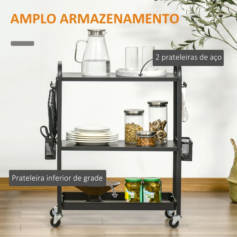 HOMCOM Carrinho de Cozinha com Rodas Carrinho de Armazenamento de 3 Níveis com 5 Ganchos 2 Cestas Alça de Transporte e Rodas com Freio para Casa de Banho Escritório Dormitório 70x33,4x80,5cm Preto