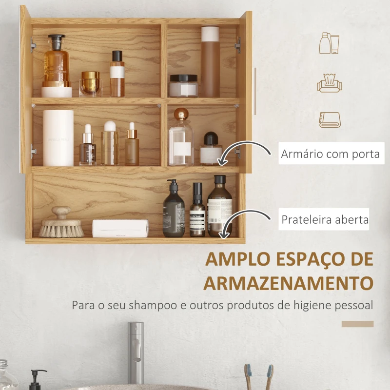kleankin Armário Casa de Banho com Espelho Móvel Suspenso de Casa de Banho com 2 Portas e 2 Prateleiras Interiores Ajustáveis 54x15,2x55,3cm Natural