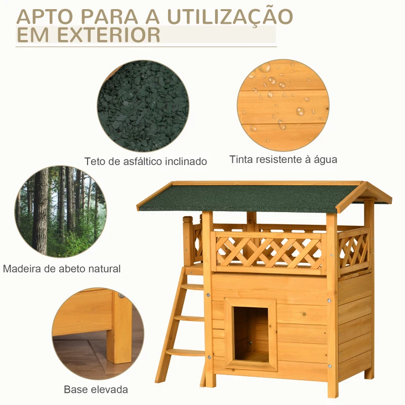 PawHut Casa para Gatos de Madeira 77x50x73cm Casa para Gatos com 2 Níveis com Teto Asfáltico Terraço Cercado Caverna e Escada para Interior e Exterior Madeira Natural