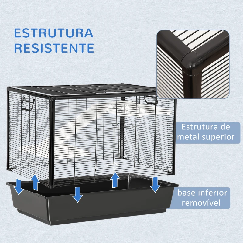 PawHut Gaiola Pequena para Roedores 80x48x58cm Gaiola para Hamster com 2 Portas 2 Rampas 2 Plataformas Comedouro e 2 Alças Portátil Preto