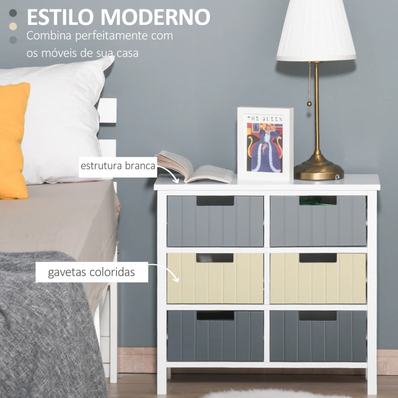 HOMCOM Cómoda de Madeira com 6 Gavetas Cómoda Auxiliar de Armazenamento com Pés Elevados Estilo Moderno para Dormitórios Sala de Estar Casa de Banho 60x28x58cm Multicor