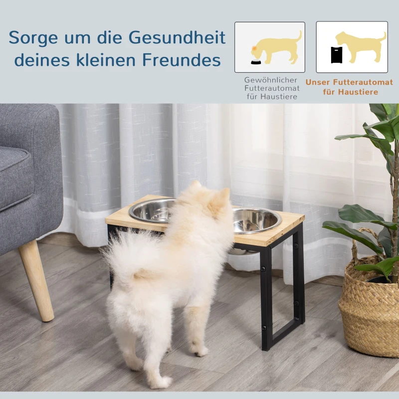 PawHut erhöhter Hundenapf Doppelnapf Futternapf mit Stahlnäpfen Haustier Fressnapf Kiefernholz Schwarz 43 x 21 x 27 cm