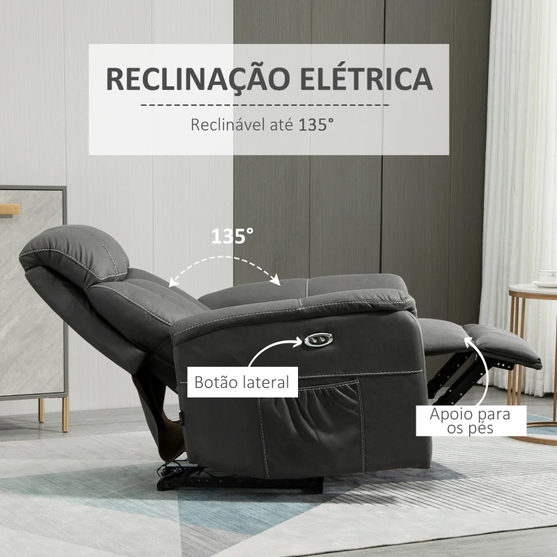 HOMCOM Poltrona Reclinável Elétrica Estofada em Tecido Técnico Poltrona Relax com Reclinação 155° Apoio para os Pés e 2 Bolsos Laterais 95x90x105cm Cinza