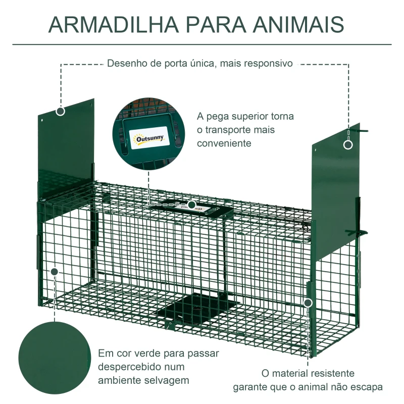 Outsunny Armadilha para Animais Vivos com Porta Gaiola de Captura com Alça de Transporte para Coelhos Raposas Pequenas 80x25x30cm Verde Escuro