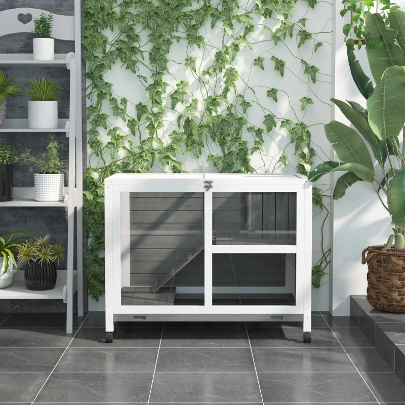 Klatka dla królika dwupiętrowa klatka dla królików na kółkach lite drewno kolor szary