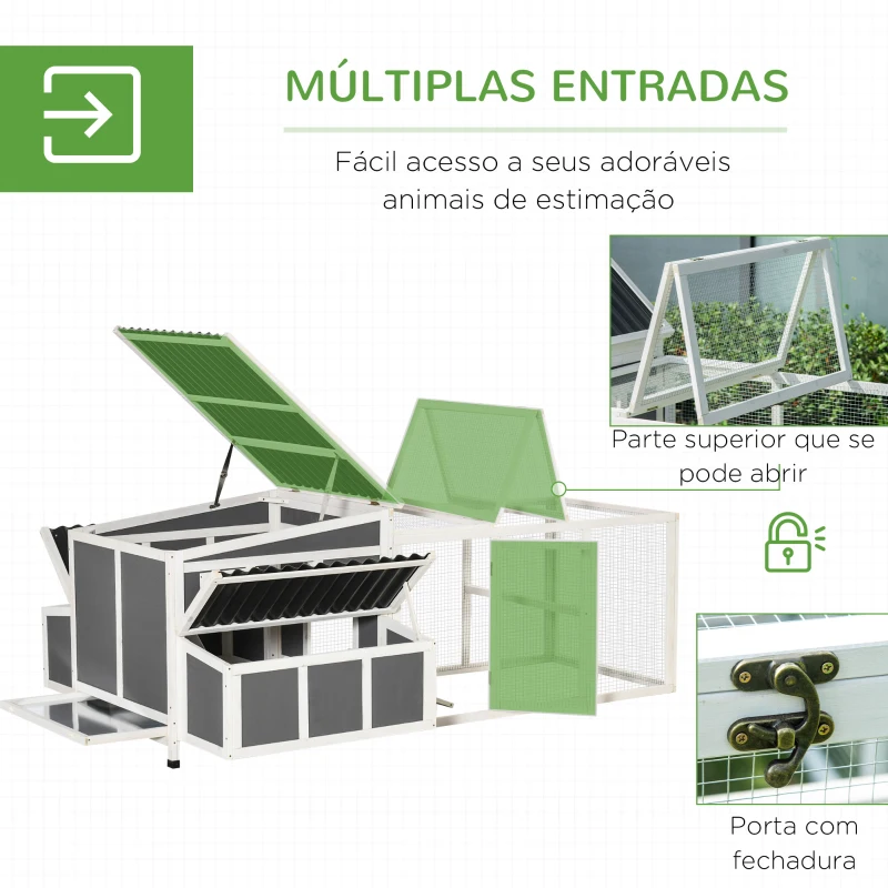 PawHut Galinheiro de Madeira para Exterior 225x147x85,5cm Gaiola para 6-8 Galinhas com Cerca de Metal Teto e Janela Rebatível 2 Ninhos Bandeja Removível e Rampa Cinza e Branco