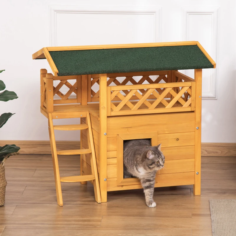 PawHut Casa para Gatos de Madeira 77x50x73cm Casa para Gatos com 2 Níveis com Teto Asfáltico Terraço Cercado Caverna e Escada para Interior e Exterior Madeira Natural