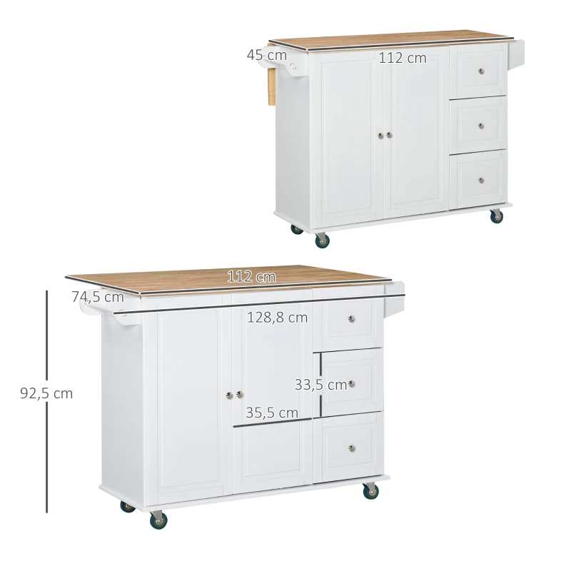 HOMCOM Carrinho de Cozinha com Rodas Carrinho de Cozinha com Bancada Rebatível 3 Gavetas 1 Armário com Prateleira Interior Ajustável e Suporte para Temperos 128,8x75,5x92,5cm Branco e Natural