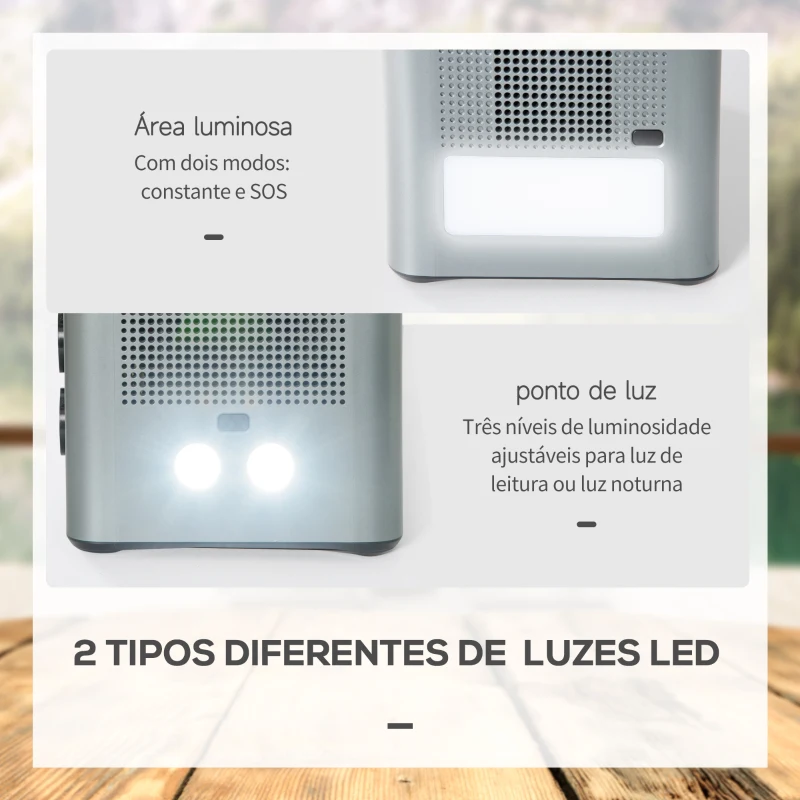 Outsunny Estação de Energia Portátil com Bateria de Litio de 614,4Wh Saídas de CA Tipo-C USB Gerador Elétrico Portátil com Luz LED de 2 Modos para Viagem Emergência 29x20,5x21cm Cinza