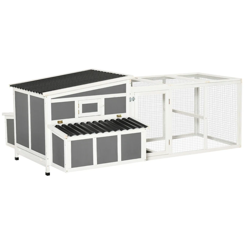 PawHut Galinheiro de Madeira para Exterior 225x147x85,5cm Gaiola para 6-8 Galinhas com Cerca de Metal Teto e Janela Rebatível 2 Ninhos Bandeja Removível e Rampa Cinza e Branco