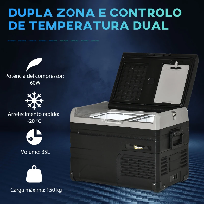 Outsunny Geleira Elétrica de Compressor Portátil 35L Geleira de Carro CC 127/24V até -20℃ com Ecrã LED Tátil e 2 Alças Laterais 60x40x44cm Preto