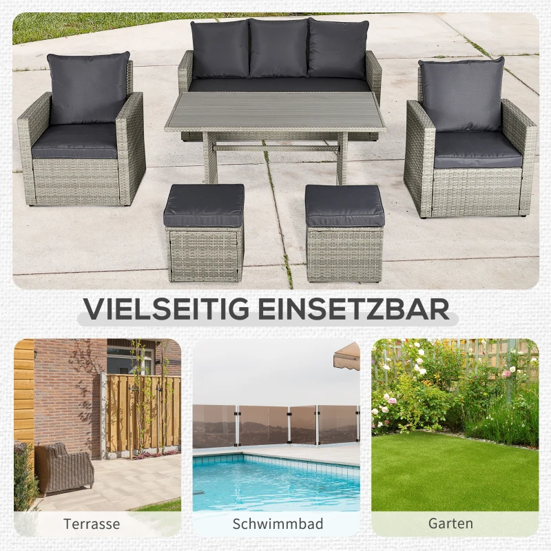 Komplet wypoczynkowy z technorattanu, 6-częściowy Zestaw mebli ogrodowych, komplet wypoczynkowy, sofa, taboret, szary