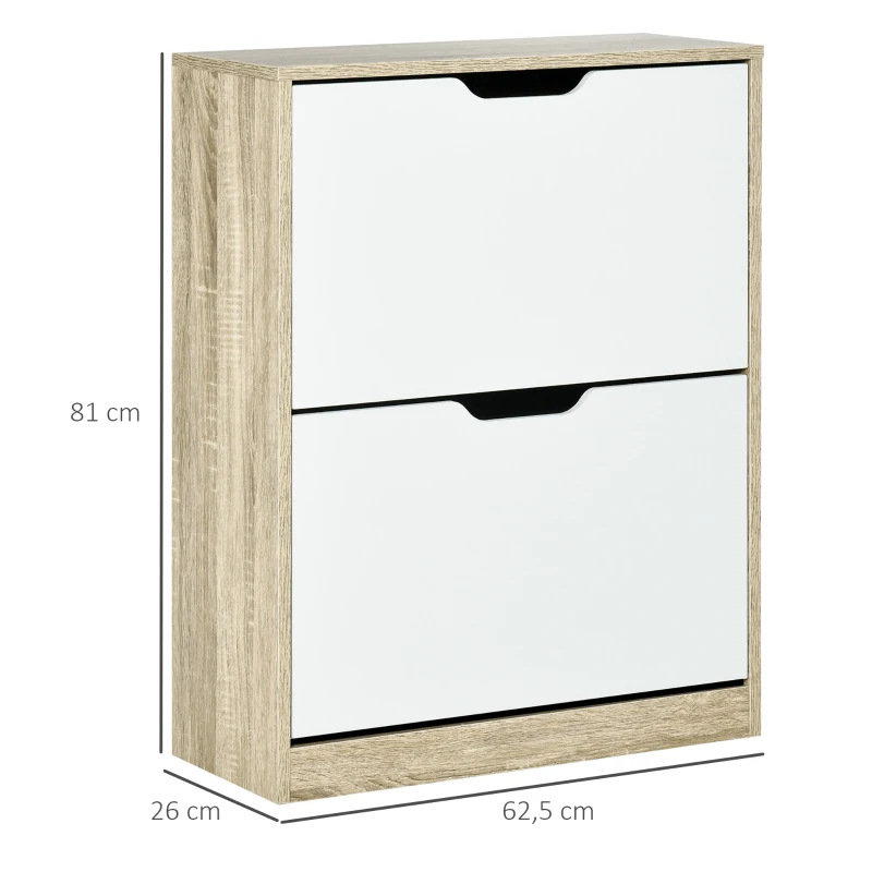 HOMCOM Armário para Sapatos Sapateira de Madeira com 2 Portas Abatíveis 4 Prateleiras de Armazenamento Capacidade 8 Pares de Sapatos para Entrada Corredor Dormitório 62,5x26x81cm Branco e Natural