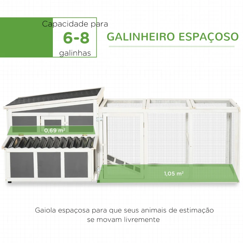 PawHut Galinheiro de Madeira para Exterior 225x147x85,5cm Gaiola para 6-8 Galinhas com Cerca de Metal Teto e Janela Rebatível 2 Ninhos Bandeja Removível e Rampa Cinza e Branco