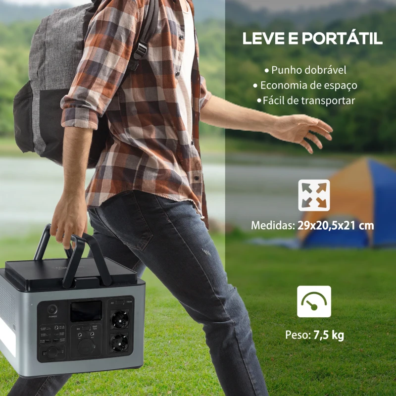 Outsunny Estação de Energia Portátil com Bateria de Litio de 614,4Wh Saídas de CA Tipo-C USB Gerador Elétrico Portátil com Luz LED de 2 Modos para Viagem Emergência 29x20,5x21cm Cinza