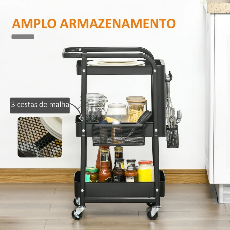HOMCOM Carrinho de Cozinha com Rodas Carrinho de Armazenamento de 3 Níveis com 4 Ganchos 2 Cestas Alça de Transporte e Rodas com Freio para Casa de Banho Escritório Dormitório 51,5x32x75,6cm Preto
