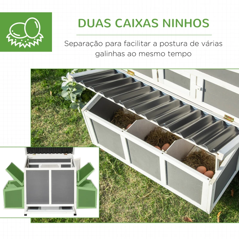 PawHut Galinheiro de Madeira para Exterior 225x147x85,5cm Gaiola para 6-8 Galinhas com Cerca de Metal Teto e Janela Rebatível 2 Ninhos Bandeja Removível e Rampa Cinza e Branco