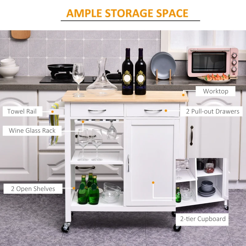 Homcom Carut Bucatarie Lemn – 88,5×40×86 cm, Design Clasic cu 2 Sertare(m-4)