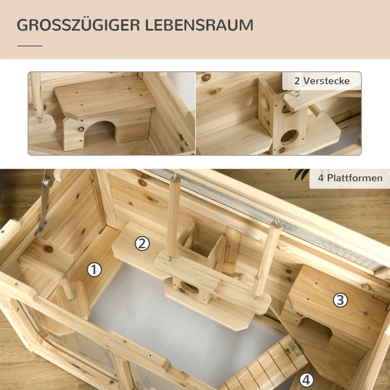 PawHut Kleintierkäfig mit Rampe Massivholz Natur 78 cm x 40 cm x 44 cm