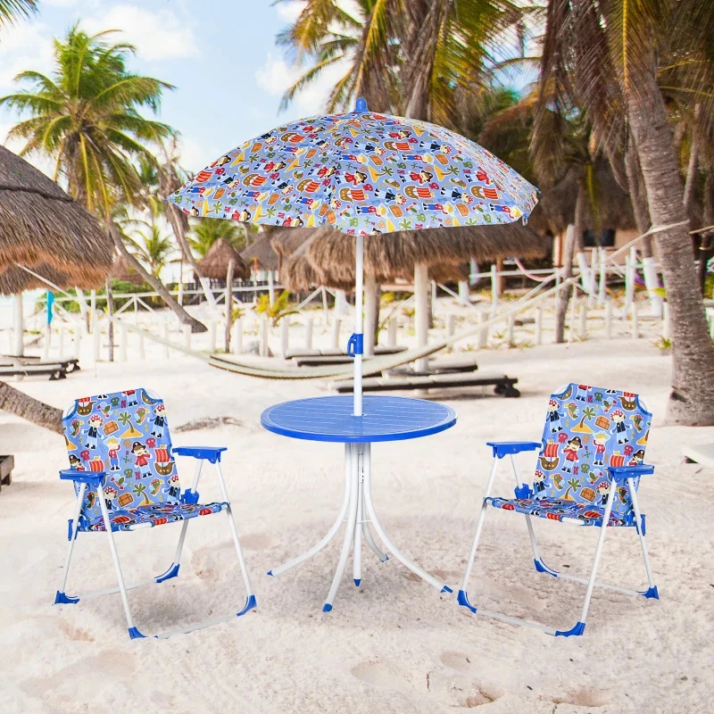 Outsunny Conjunto de Mesa e Cadeiras de Exterior Dobrável para Jardim com Chapéu de Sol Ajustável 100-125 cm e Proteção Solar Azul