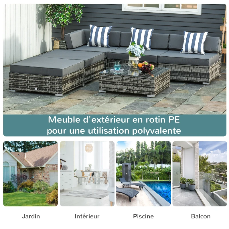 Outsunny Ensemble salon de jardin d'angle modulable 6 pièces 5 personnes résine tressée avec table basse plateau verre coussins rayés - gris