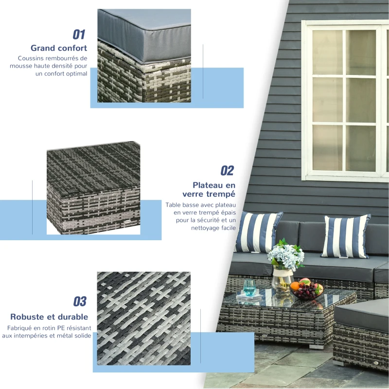 Outsunny Ensemble salon de jardin d'angle modulable 6 pièces 5 personnes résine tressée avec table basse plateau verre coussins rayés - gris