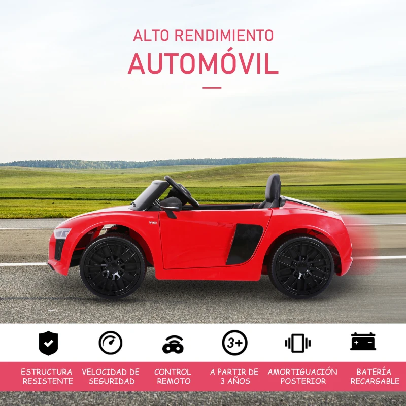 HOMCOM Coche Eléctrico para Niño 3+ Años Audi R8 con Mando a Distancia MP3 USB Luces y Sonidos Apertura de Puerta 123x71x49cm Carga 30kg Color Rojo