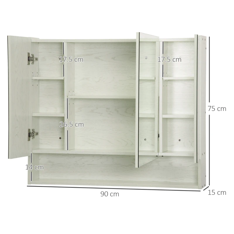 Kleankin Dulap cu oglinda cu raft reglabil, MDF Sticla 90x15x75cm, Alb