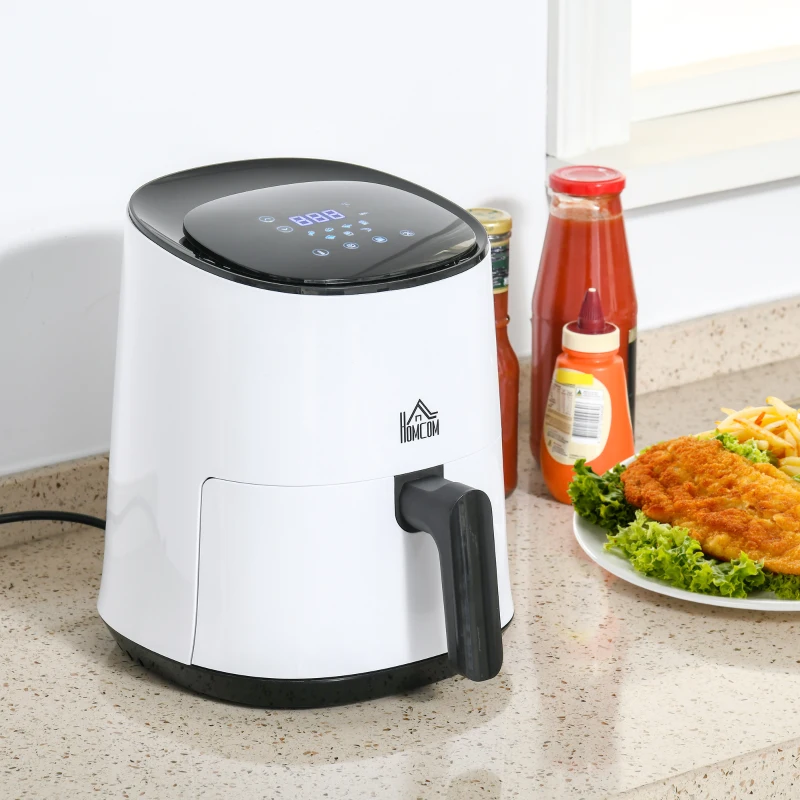 HOMCOM frytkownica na gorące powietrze 2,5 l 1300 W z 7 opcjami menu kosz z powłoką zapobiegającą przywieraniu do zdrowego beztłuszczowego niskotłuszczowego gotowania stal kolor: biały + czarny, 33,9 x 24,9 x 29,9 cm | Aosom