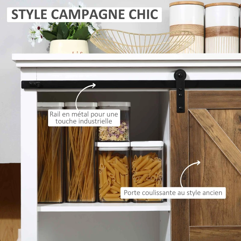 HOMCOM Buffet bahut vaisselier étagère porte à galandage métal noir MDF aspect bois veinage et blanc