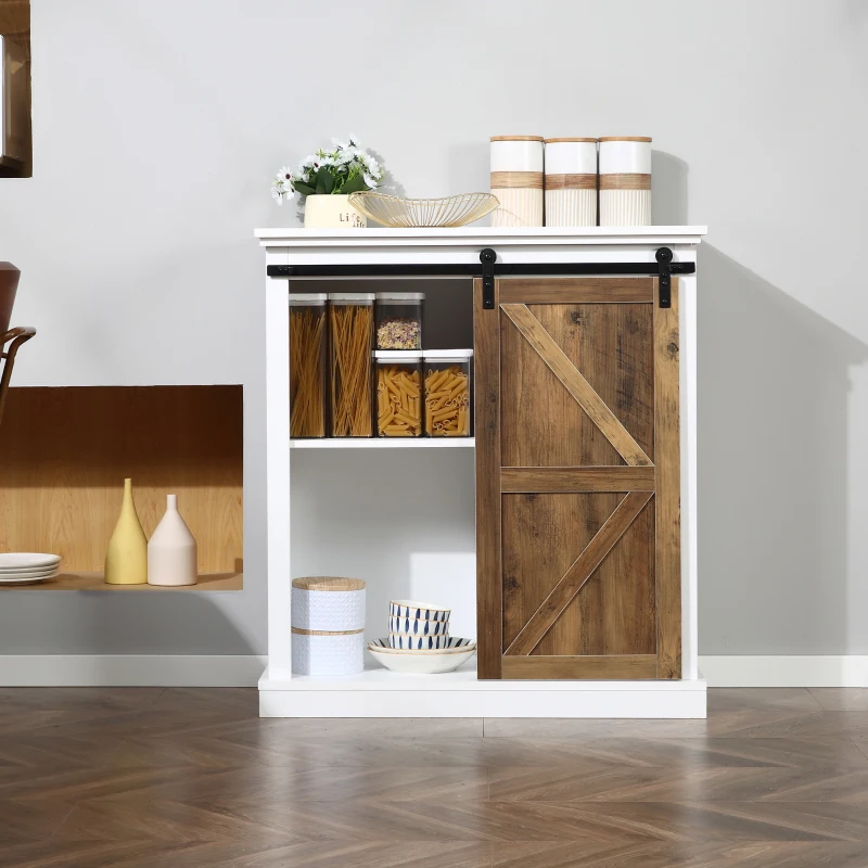 HOMCOM Buffet bahut vaisselier étagère porte à galandage métal noir MDF aspect bois veinage et blanc