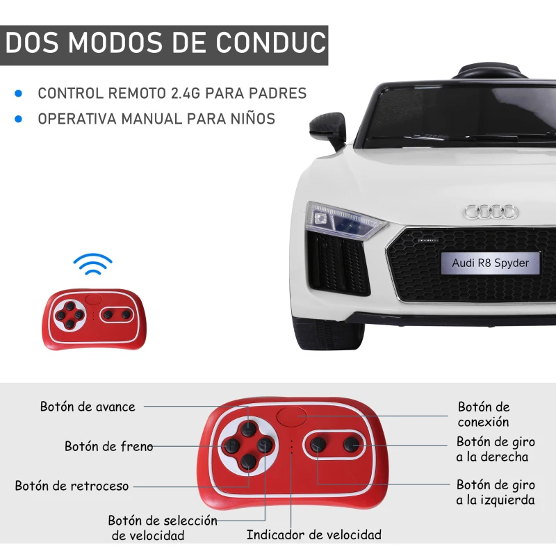 HOMCOM Coche Eléctrico para Niño mayores de 3 años Audi R8 con Mando a Distancia MP3 USB Luces y Sonidos Apertura de Puerta 123x71x49cm Carga 30kg