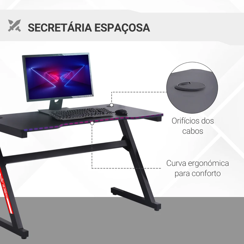HOMCOM Secretária Gaming Ergonómica Secretária para Computador com Bancada de Fibra de Carbono e Pés Ajustáveis Carga Máxima 150kg 120x60x73cm Preto