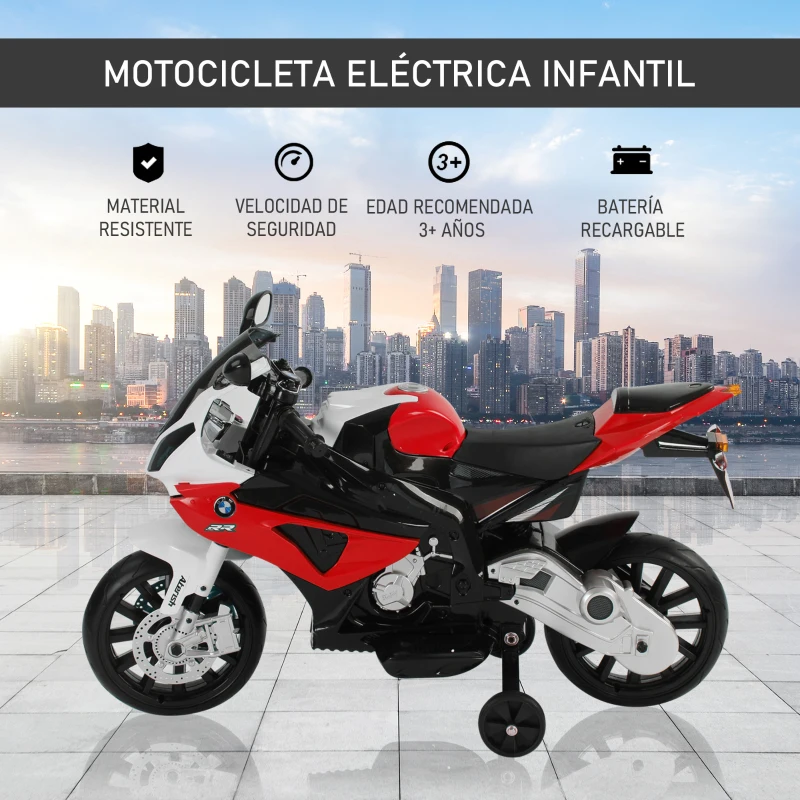 HOMCOM Moto Eléctrica para Niños de +3 Años 12V Licenciado BMW con Faros Bocina 2 Ruedas de Equilibrio Velocidad Máx. de 5 km/h 110x47x69 cm Rojo
