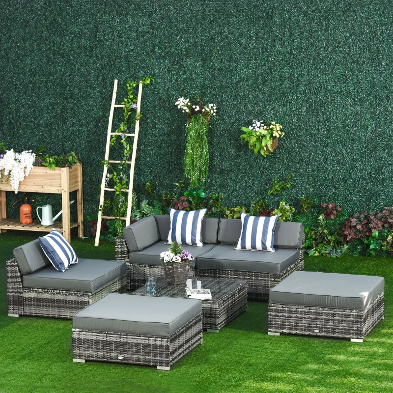 Outsunny Ensemble salon de jardin d'angle modulable 6 pièces 5 personnes résine tressée avec table basse plateau verre coussins rayés - gris